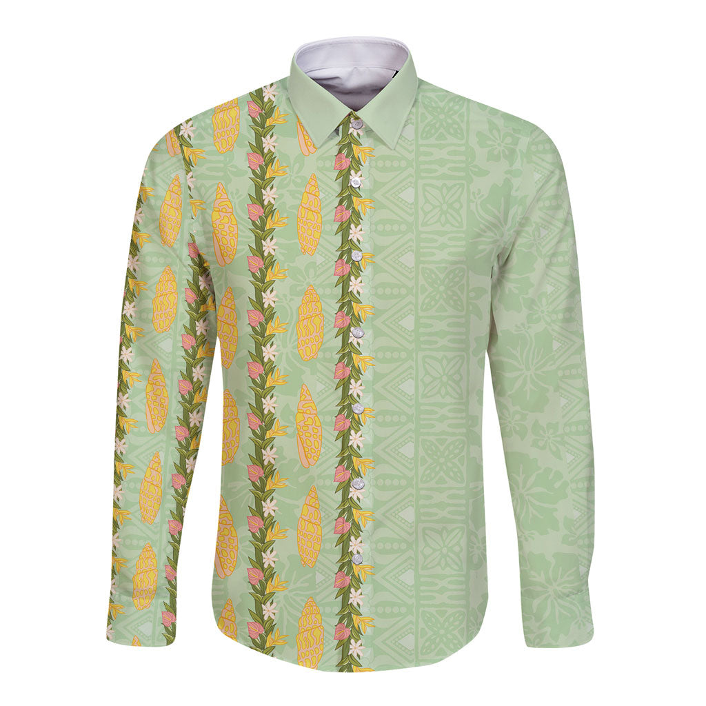 Hawaii Shell Tiare Anthurium Heliconia Lei Long Sleeve Button Shirt With Tapa Pattern Baby Green LT05 Unisex Green - Polynesian Pride