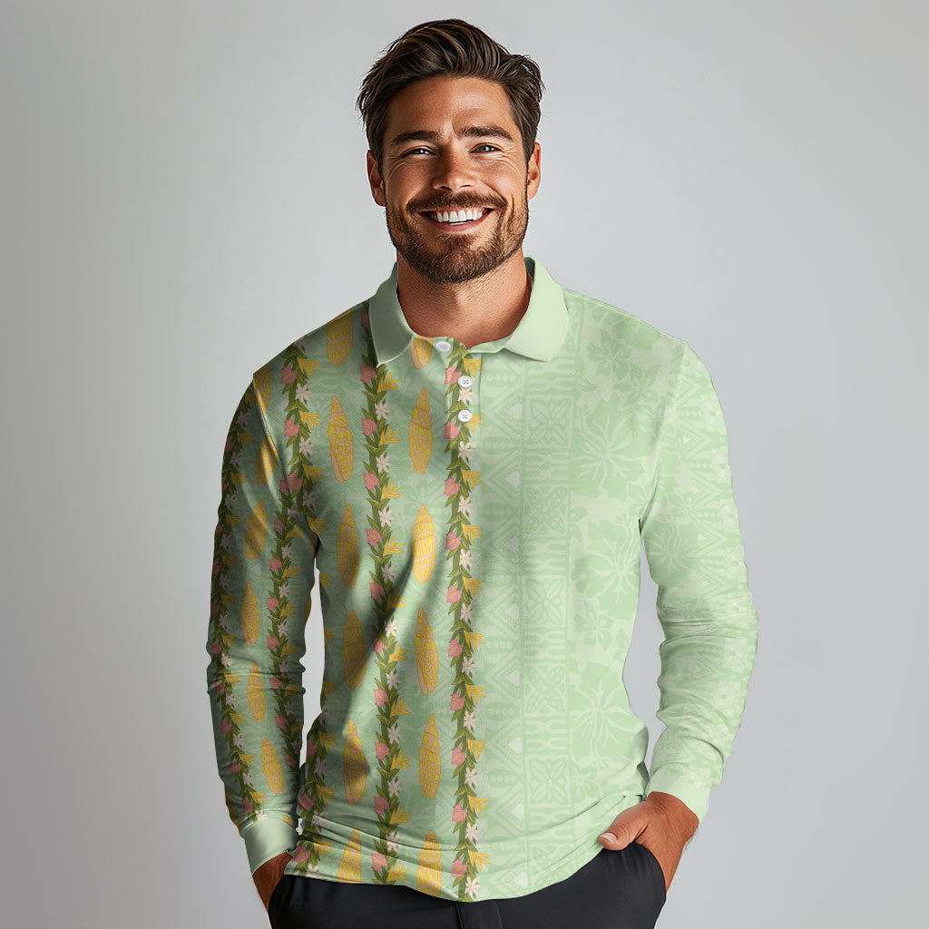 Hawaii Shell Tiare Anthurium Heliconia Lei Long Sleeve Polo Shirt With Tapa Pattern Baby Green