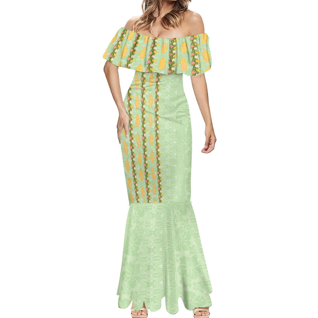 Hawaii Shell Tiare Anthurium Heliconia Lei Mermaid Dress With Tapa Pattern Baby Green