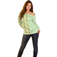 Hawaii Shell Tiare Anthurium Heliconia Lei Off Shoulder Sweater With Tapa Pattern Baby Green