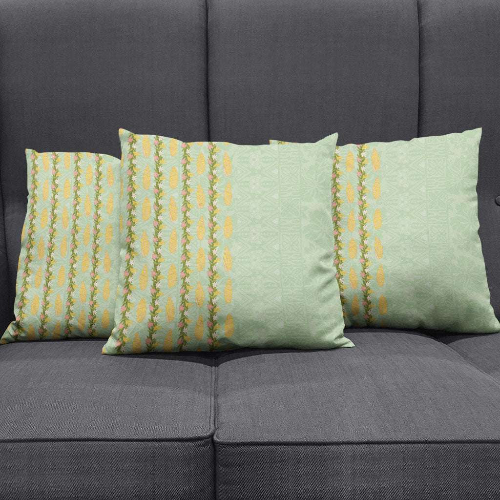 Hawaii Shell Tiare Anthurium Heliconia Lei Pillow Cover With Tapa Pattern Baby Green