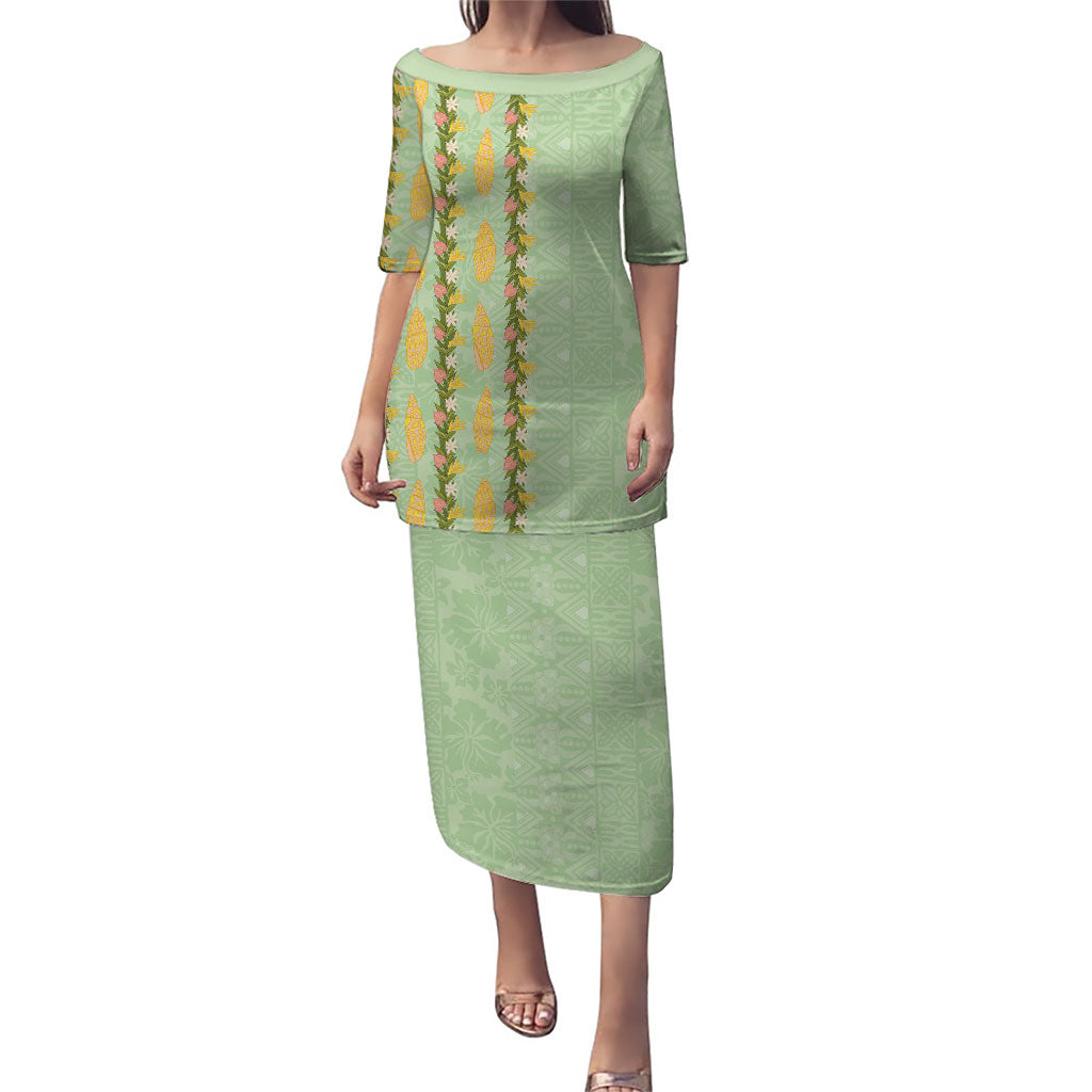Hawaii Shell Tiare Anthurium Heliconia Lei Puletasi With Tapa Pattern Baby Green LT05 Long Dress Green - Polynesian Pride