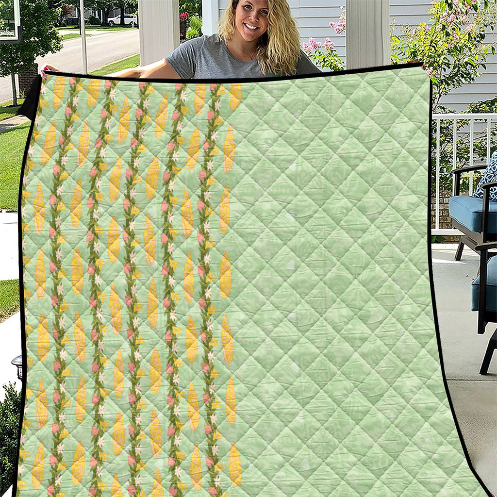 Hawaii Shell Tiare Anthurium Heliconia Lei Quilt With Tapa Pattern Baby Green LT05 Green - Polynesian Pride