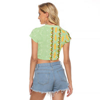 Hawaii Shell Tiare Anthurium Heliconia Lei Raglan Cropped T Shirt With Tapa Pattern Baby Green