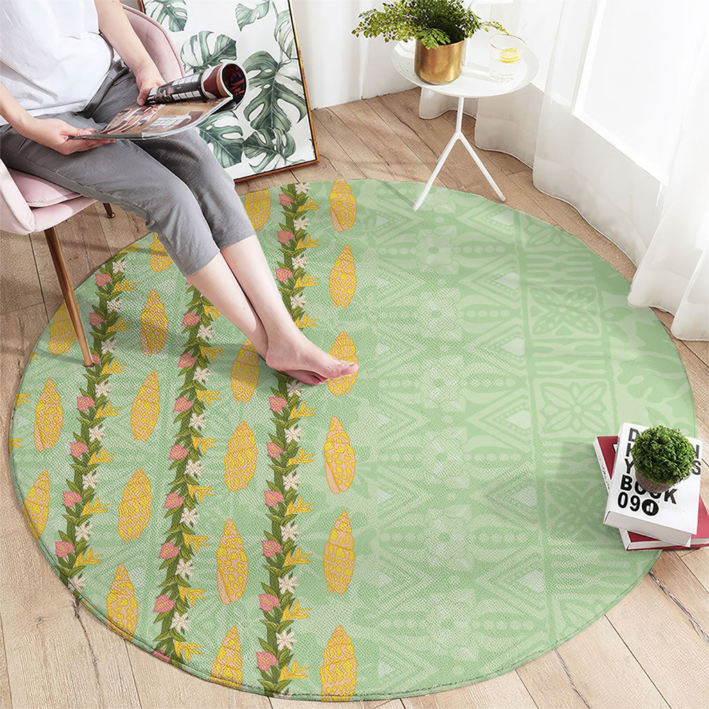 Hawaii Shell Tiare Anthurium Heliconia Lei Round Carpet With Tapa Pattern Baby Green