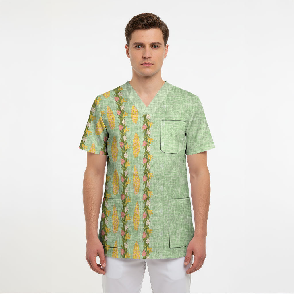 Hawaii Shell Tiare Anthurium Heliconia Lei Scrub Top With Tapa Pattern Baby Green