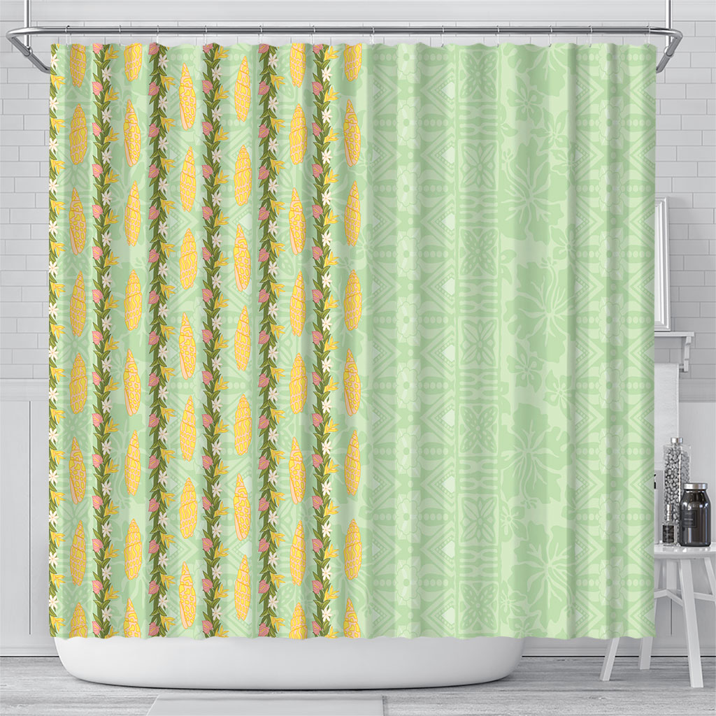 Hawaii Shell Tiare Anthurium Heliconia Lei Shower Curtain With Tapa Pattern Baby Green