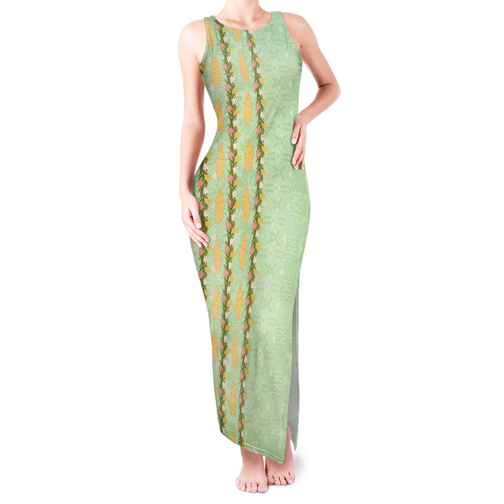 Hawaii Shell Tiare Anthurium Heliconia Lei Tank Maxi Dress With Tapa Pattern Baby Green LT05 Women Green - Polynesian Pride