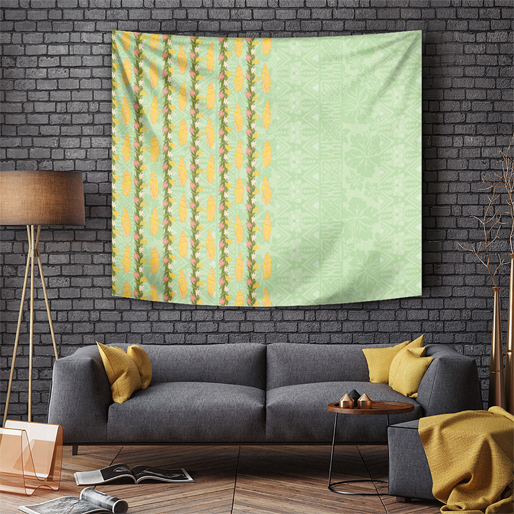 Hawaii Shell Tiare Anthurium Heliconia Lei Tapestry With Tapa Pattern Baby Green LT05 Green - Polynesian Pride