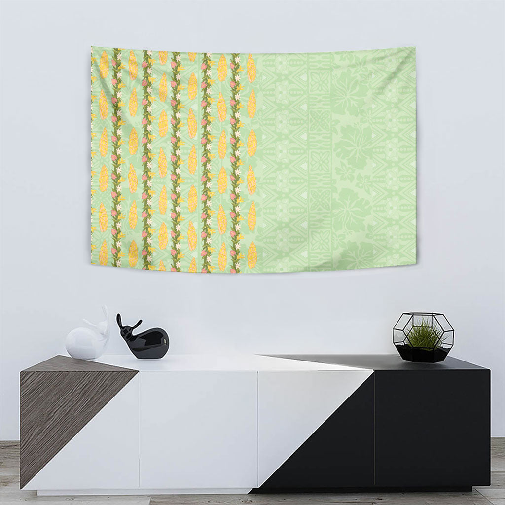 Hawaii Shell Tiare Anthurium Heliconia Lei Tapestry With Tapa Pattern Baby Green