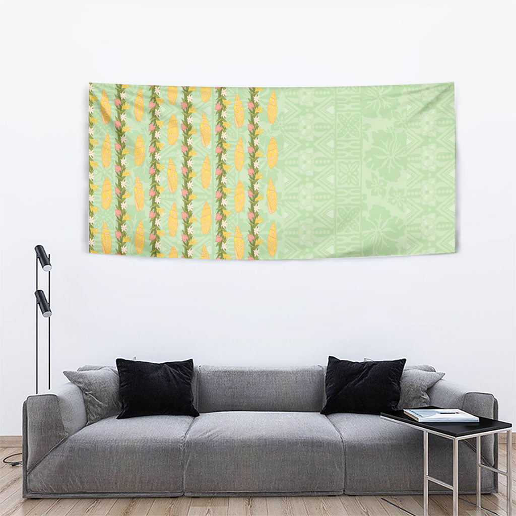 Hawaii Shell Tiare Anthurium Heliconia Lei Tapestry With Tapa Pattern Baby Green