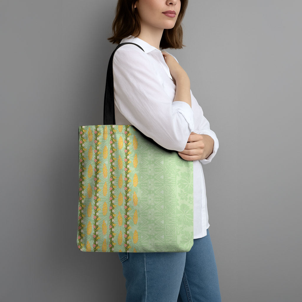 Hawaii Shell Tiare Anthurium Heliconia Lei Tote Bag With Tapa Pattern Baby Green