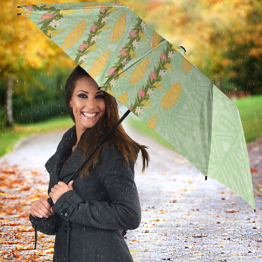 Hawaii Shell Tiare Anthurium Heliconia Lei Umbrella With Tapa Pattern Baby Green
