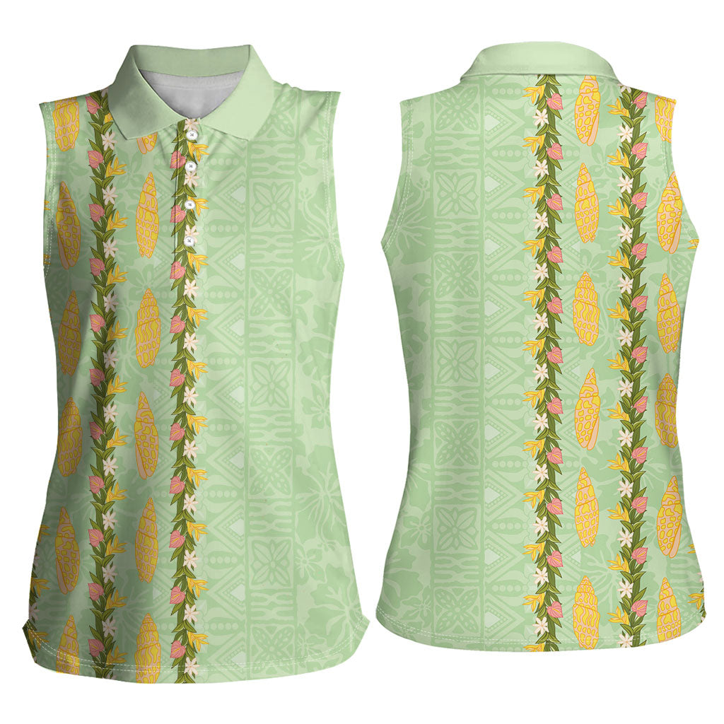 Hawaii Shell Tiare Anthurium Heliconia Lei Women Sleeveless Polo Shirt With Tapa Pattern Baby Green