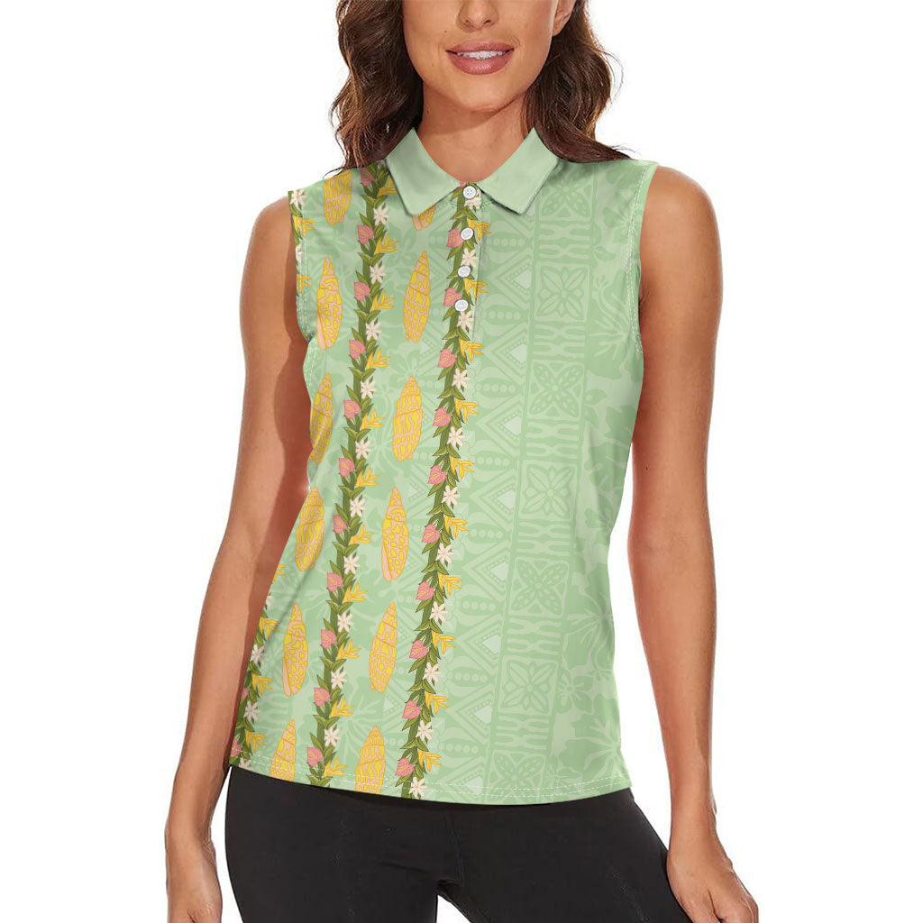 Hawaii Shell Tiare Anthurium Heliconia Lei Women Sleeveless Polo Shirt With Tapa Pattern Baby Green