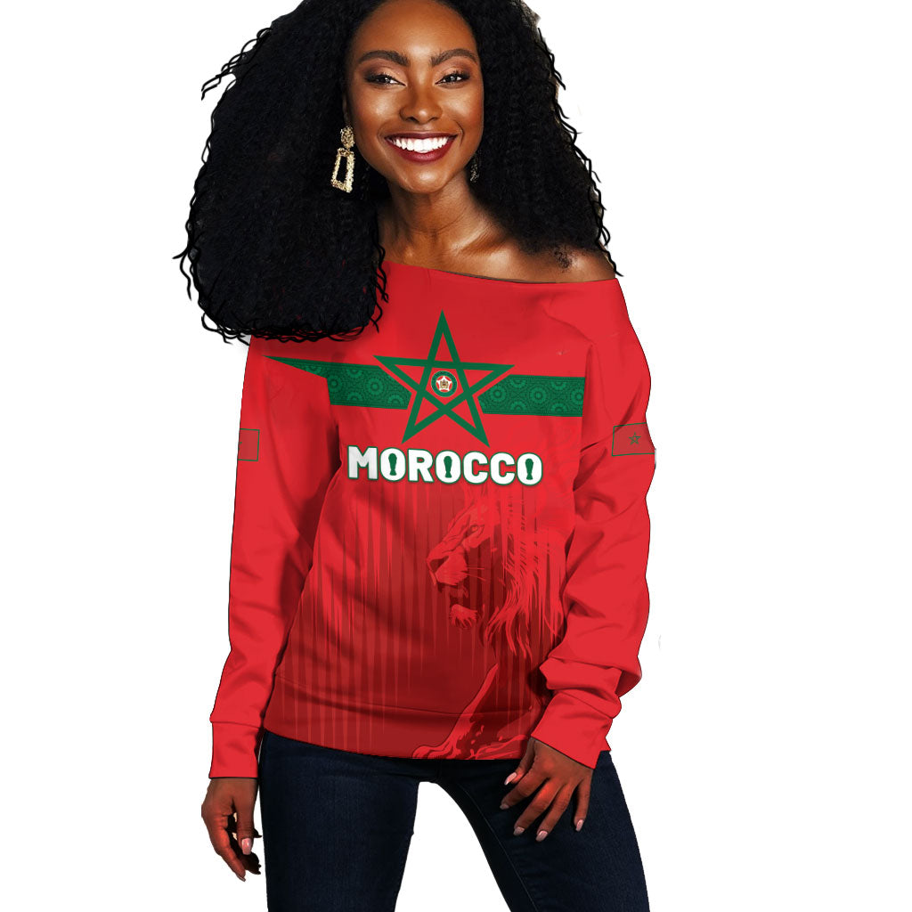 Custom Morocco Football 2026 Off Shoulder Sweater Atlas Lions Breathtaking Victory Red Version LT05 Women Red - Polynesian Pride