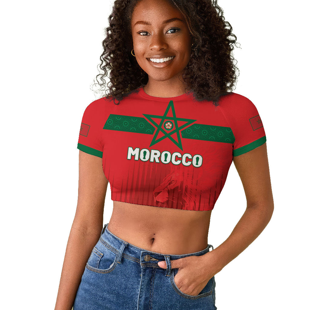 Custom Morocco Football 2026 Raglan Cropped T shirt Atlas Lions Breathtaking Victory Red Version LT05 Female Red - Polynesian Pride