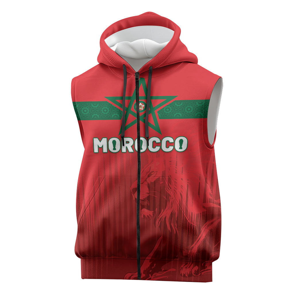 Custom Morocco Football 2026 Sleeveless Zip Hoodie Atlas Lions Breathtaking Victory Red Version LT05 Red - Polynesian Pride