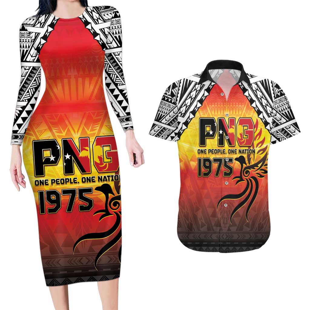 Papua New Guinea 50th Independence Day Couples Matching Long Sleeve Bodycon Dress and Hawaiian Shirt One People One Nation One PNG LT05 Yellow - Polynesian Pride
