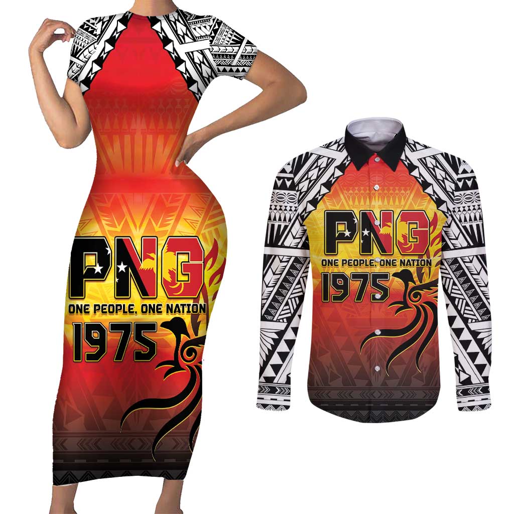 Papua New Guinea 50th Independence Day Couples Matching Short Sleeve Bodycon Dress and Long Sleeve Button Shirt One People One Nation One PNG LT05 Yellow - Polynesian Pride