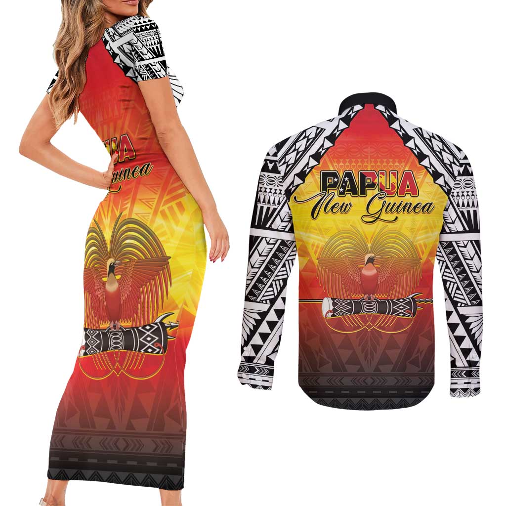 Papua New Guinea 50th Independence Day Couples Matching Short Sleeve Bodycon Dress and Long Sleeve Button Shirt One People One Nation One PNG LT05 - Polynesian Pride