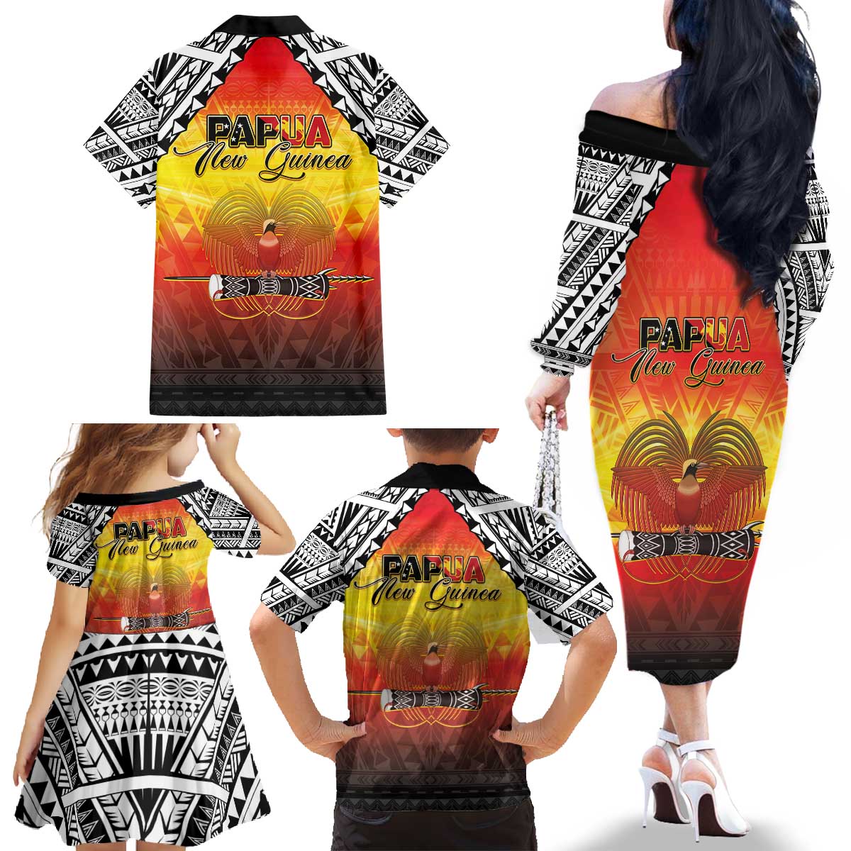 Papua New Guinea 50th Independence Day Family Matching Off The Shoulder Long Sleeve Dress and Hawaiian Shirt One People One Nation One PNG LT05 - Polynesian Pride