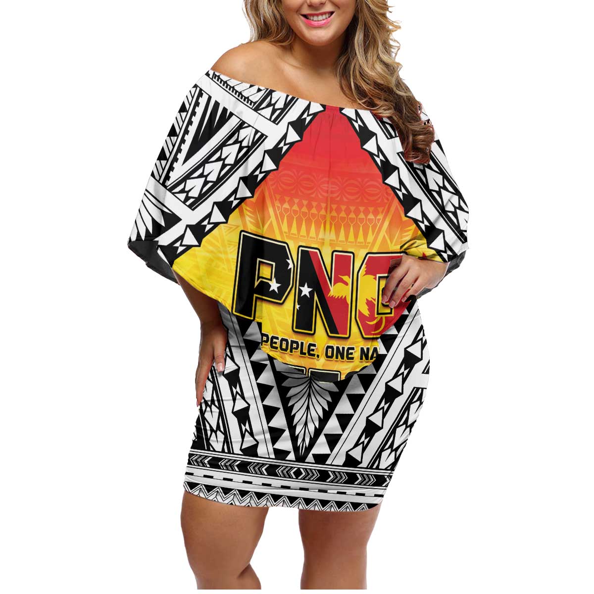 Papua New Guinea 50th Independence Day Family Matching Off Shoulder Short Dress and Hawaiian Shirt One People One Nation One PNG LT05 Mom's Dress Yellow - Polynesian Pride