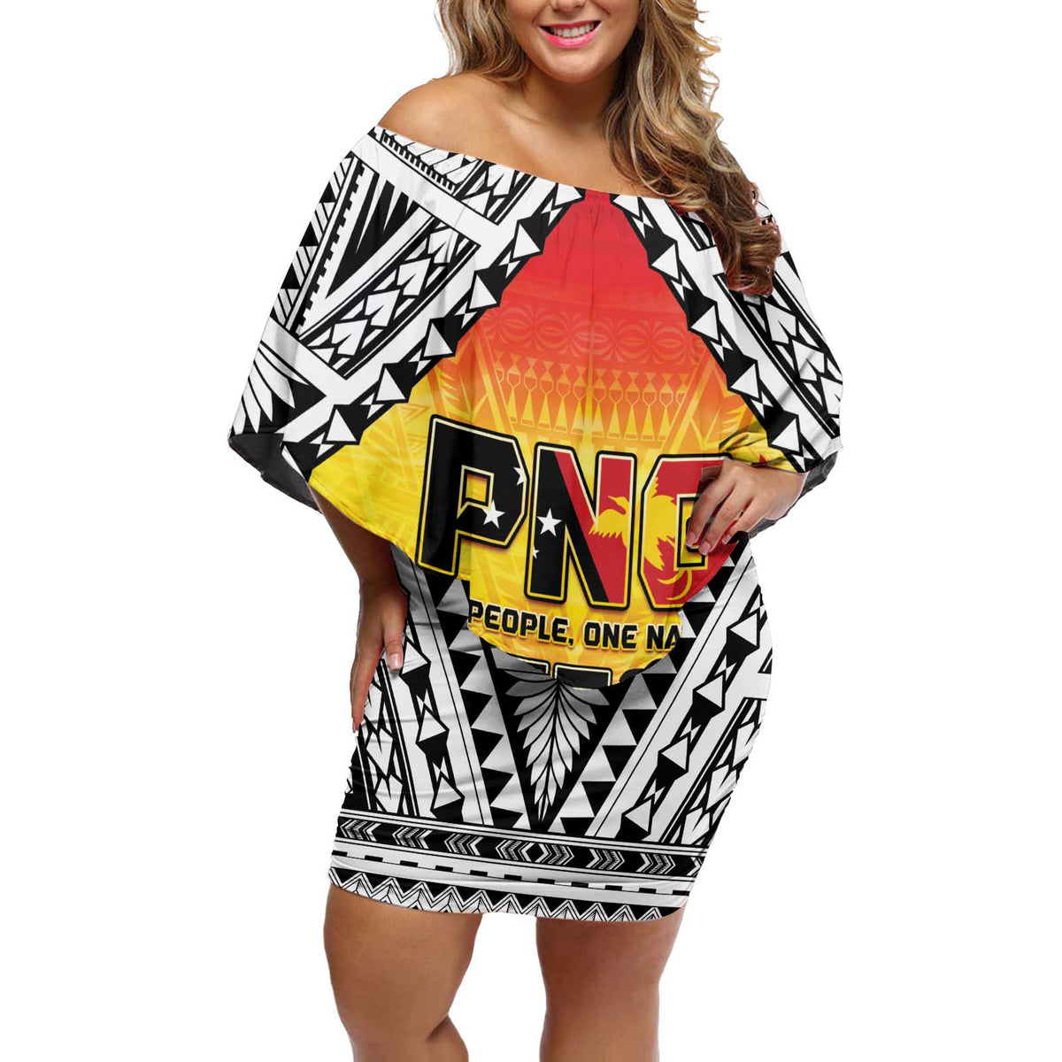 Papua New Guinea 50th Independence Day Off Shoulder Short Dress One People One Nation One PNG LT05 Women Yellow - Polynesian Pride
