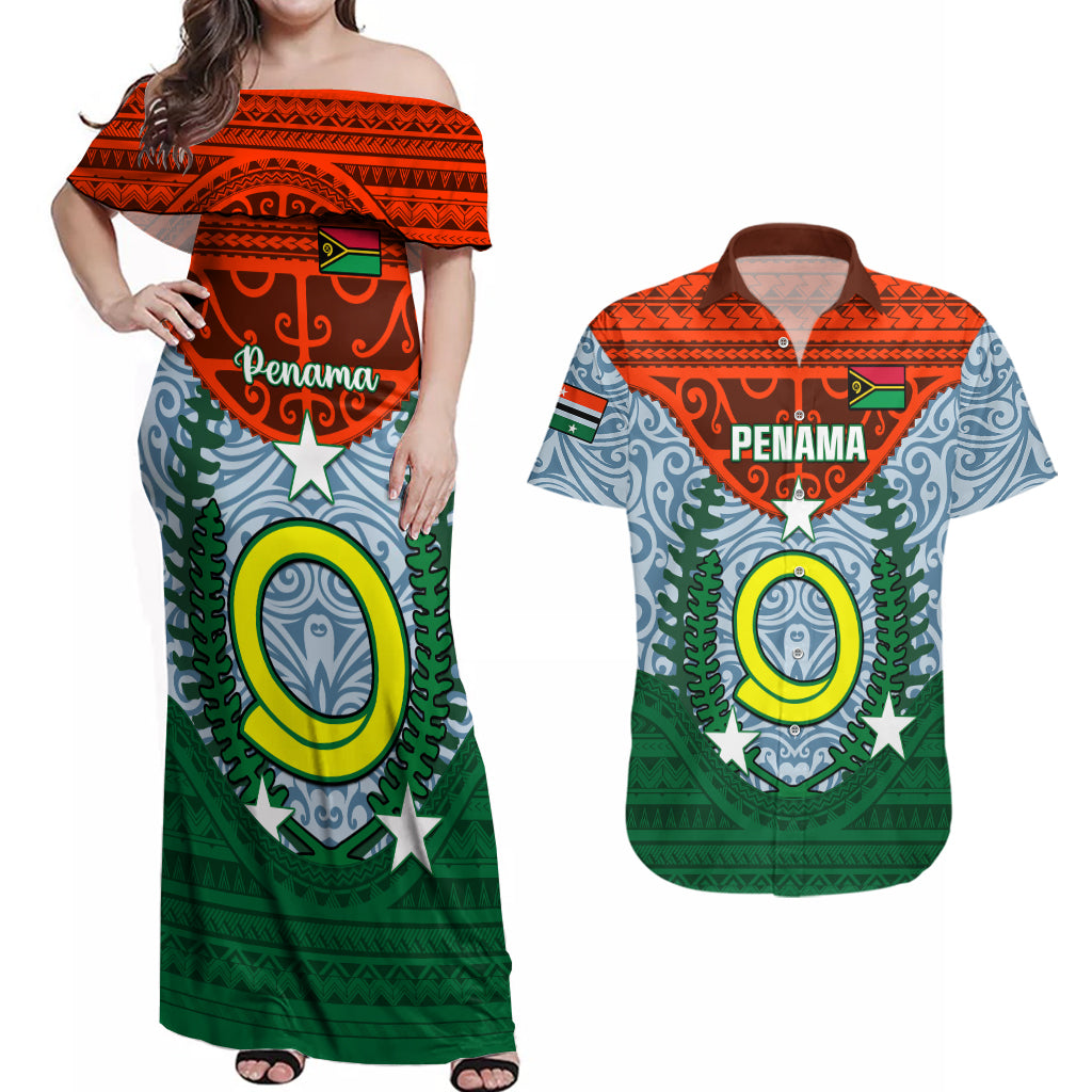 Vanuatu Penama Province Couples Matching Off Shoulder Maxi Dress and Hawaiian Shirt Vanuatuan Coat Of Arms Polynesian Pattern LT05 Green - Polynesian Pride