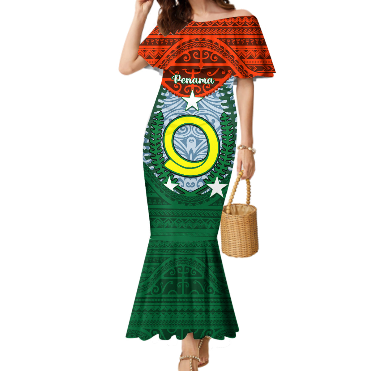 Vanuatu Penama Province Mermaid Dress Vanuatuan Coat Of Arms Polynesian Pattern LT05 Women Green - Polynesian Pride