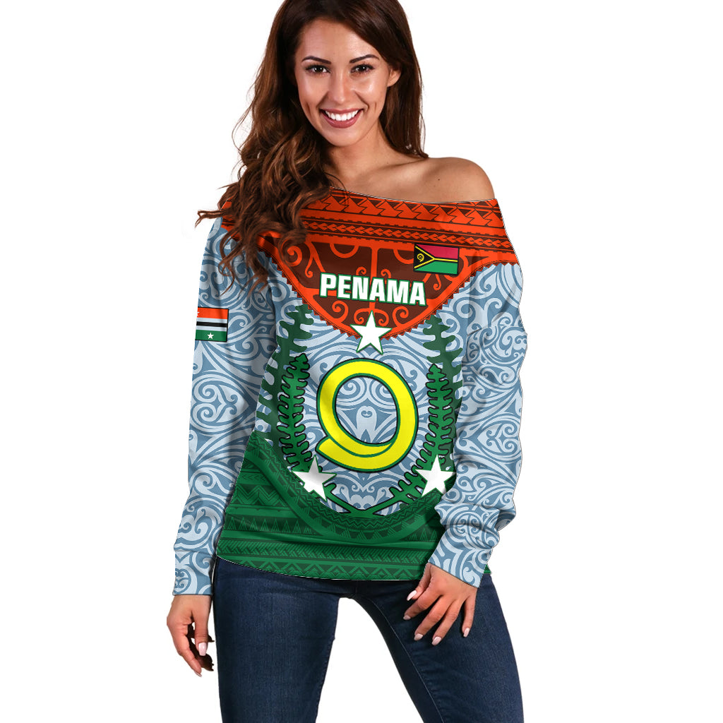Vanuatu Penama Province Off Shoulder Sweater Vanuatuan Coat Of Arms Polynesian Pattern LT05 Women Green - Polynesian Pride