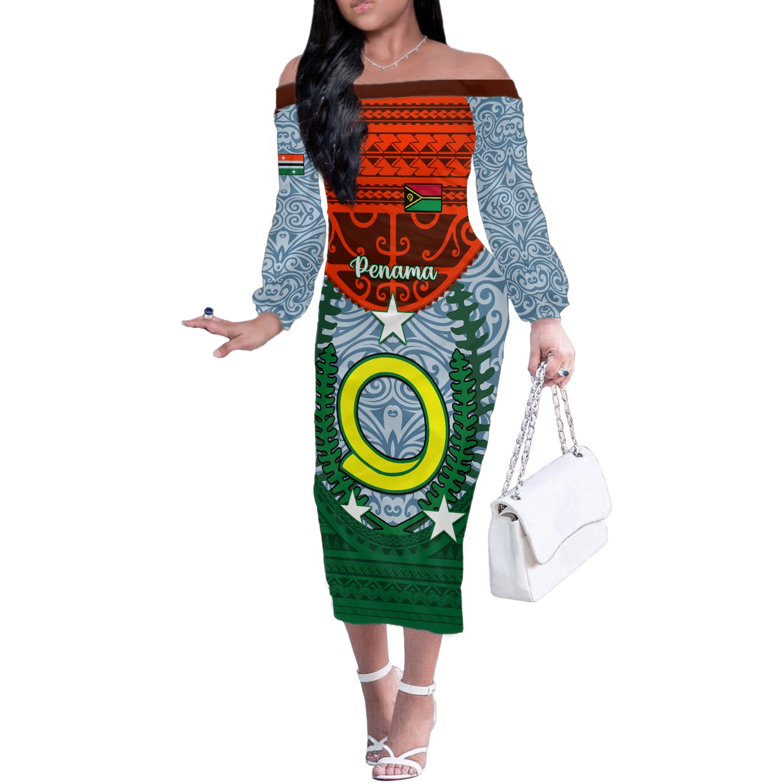 Vanuatu Penama Province Off The Shoulder Long Sleeve Dress Vanuatuan Coat Of Arms Polynesian Pattern LT05 Women Green - Polynesian Pride