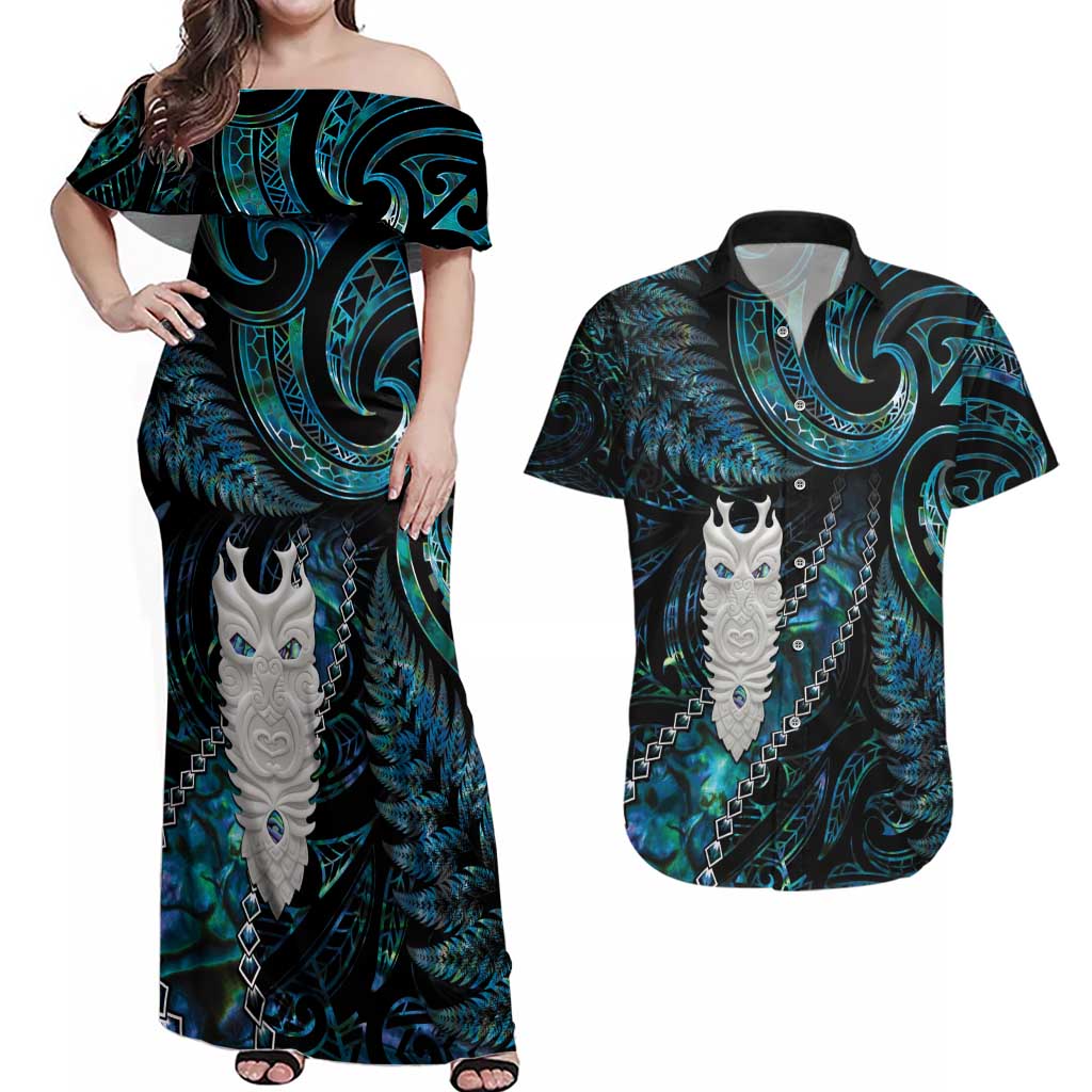 New Zealand Aotearoa Couples Matching Off Shoulder Maxi Dress and Hawaiian Shirt Maori Tane Te Waiora Paua Shell Glitter Turquoise LT05 Turquoise - Polynesian Pride