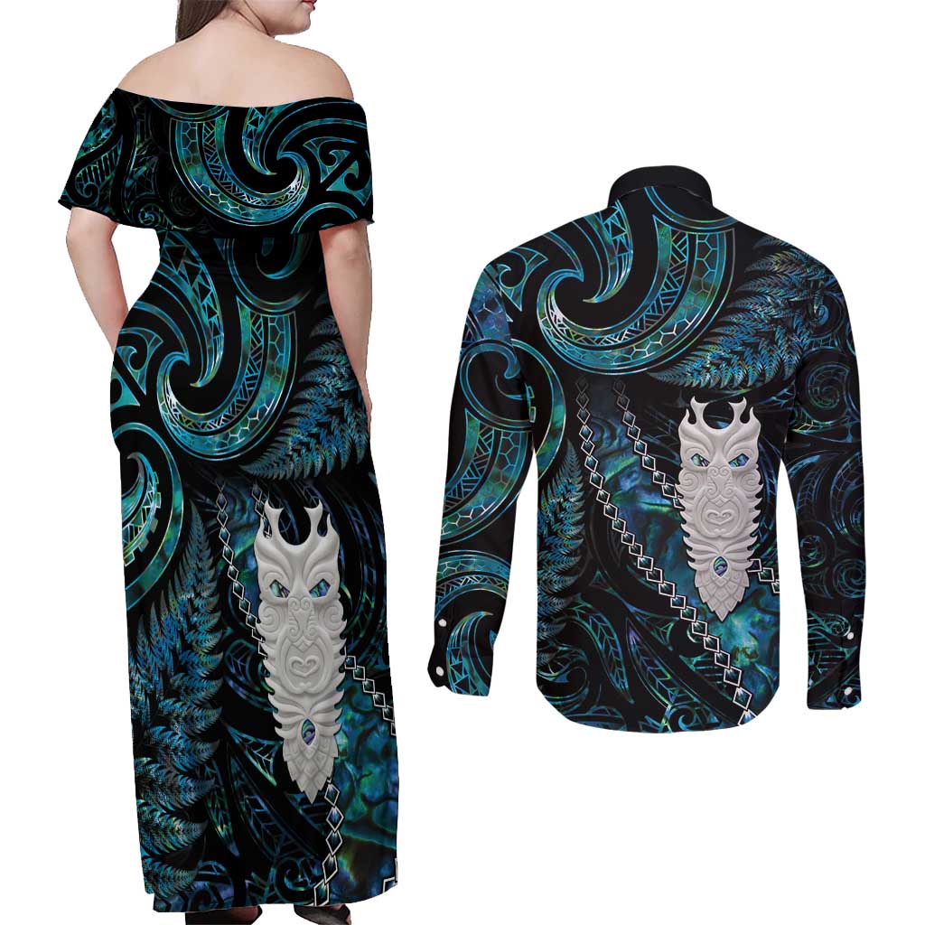 New Zealand Aotearoa Couples Matching Off Shoulder Maxi Dress and Long Sleeve Button Shirt Maori Tane Te Waiora Paua Shell Glitter Turquoise