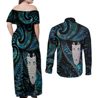 New Zealand Aotearoa Couples Matching Off Shoulder Maxi Dress and Long Sleeve Button Shirt Maori Tane Te Waiora Paua Shell Glitter Turquoise