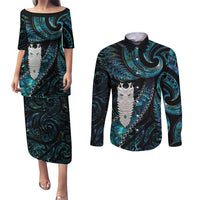 New Zealand Aotearoa Couples Matching Puletasi and Long Sleeve Button Shirt Maori Tane Te Waiora Paua Shell Glitter Turquoise LT05 Turquoise - Polynesian Pride