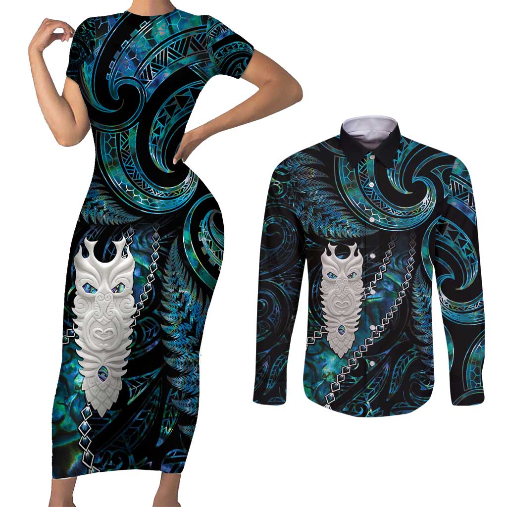 New Zealand Aotearoa Couples Matching Short Sleeve Bodycon Dress and Long Sleeve Button Shirt Maori Tane Te Waiora Paua Shell Glitter Turquoise LT05 Turquoise - Polynesian Pride