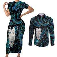 New Zealand Aotearoa Couples Matching Short Sleeve Bodycon Dress and Long Sleeve Button Shirt Maori Tane Te Waiora Paua Shell Glitter Turquoise