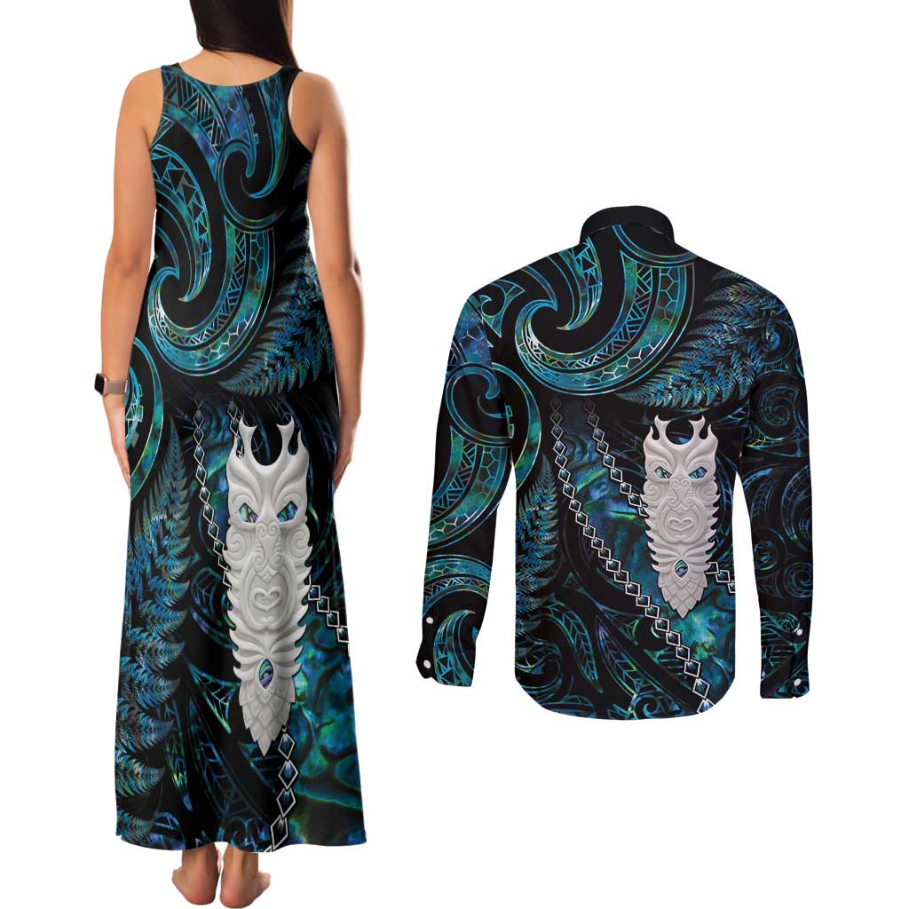 New Zealand Aotearoa Couples Matching Tank Maxi Dress and Long Sleeve Button Shirt Maori Tane Te Waiora Paua Shell Glitter Turquoise