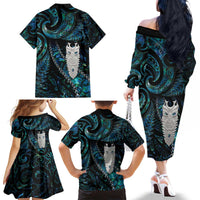 New Zealand Aotearoa Family Matching Off The Shoulder Long Sleeve Dress and Hawaiian Shirt Maori Tane Te Waiora Paua Shell Glitter Turquoise