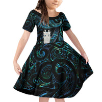 New Zealand Aotearoa Family Matching Off Shoulder Short Dress and Hawaiian Shirt Maori Tane Te Waiora Paua Shell Glitter Turquoise LT05 Daughter's Dress Turquoise - Polynesian Pride