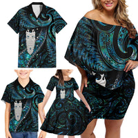 New Zealand Aotearoa Family Matching Off Shoulder Short Dress and Hawaiian Shirt Maori Tane Te Waiora Paua Shell Glitter Turquoise LT05 - Polynesian Pride