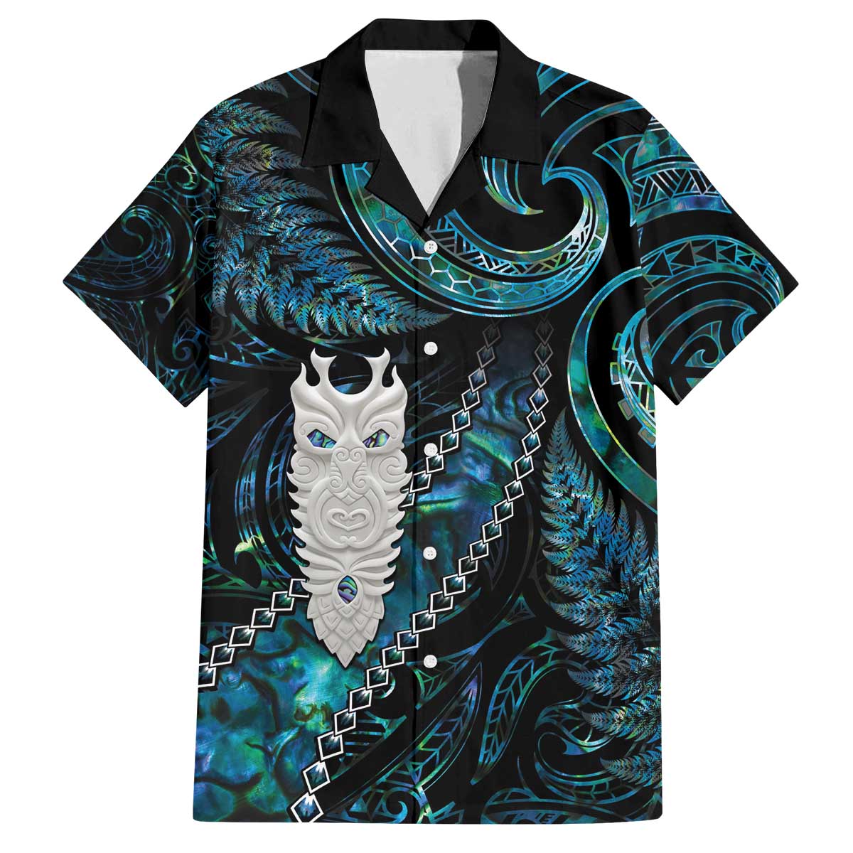 New Zealand Aotearoa Family Matching Off Shoulder Short Dress and Hawaiian Shirt Maori Tane Te Waiora Paua Shell Glitter Turquoise LT05 Dad's Shirt - Short Sleeve Turquoise - Polynesian Pride