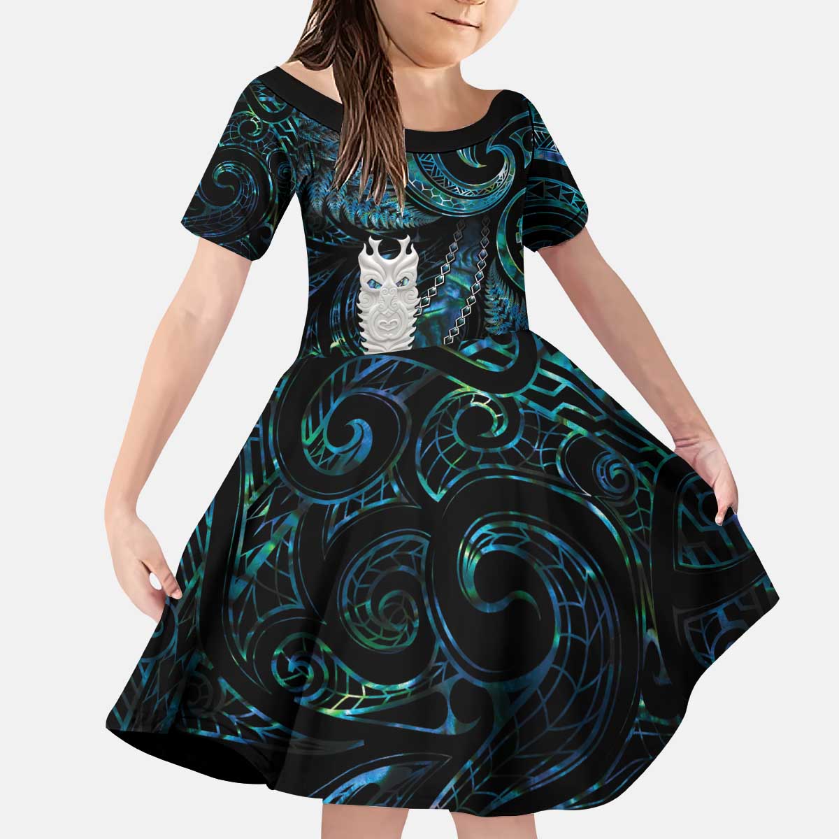 New Zealand Aotearoa Family Matching Puletasi and Hawaiian Shirt Maori Tane Te Waiora Paua Shell Glitter Turquoise LT05 Daughter's Dress Turquoise - Polynesian Pride