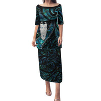 New Zealand Aotearoa Family Matching Puletasi and Hawaiian Shirt Maori Tane Te Waiora Paua Shell Glitter Turquoise LT05 Mom's Dress Turquoise - Polynesian Pride