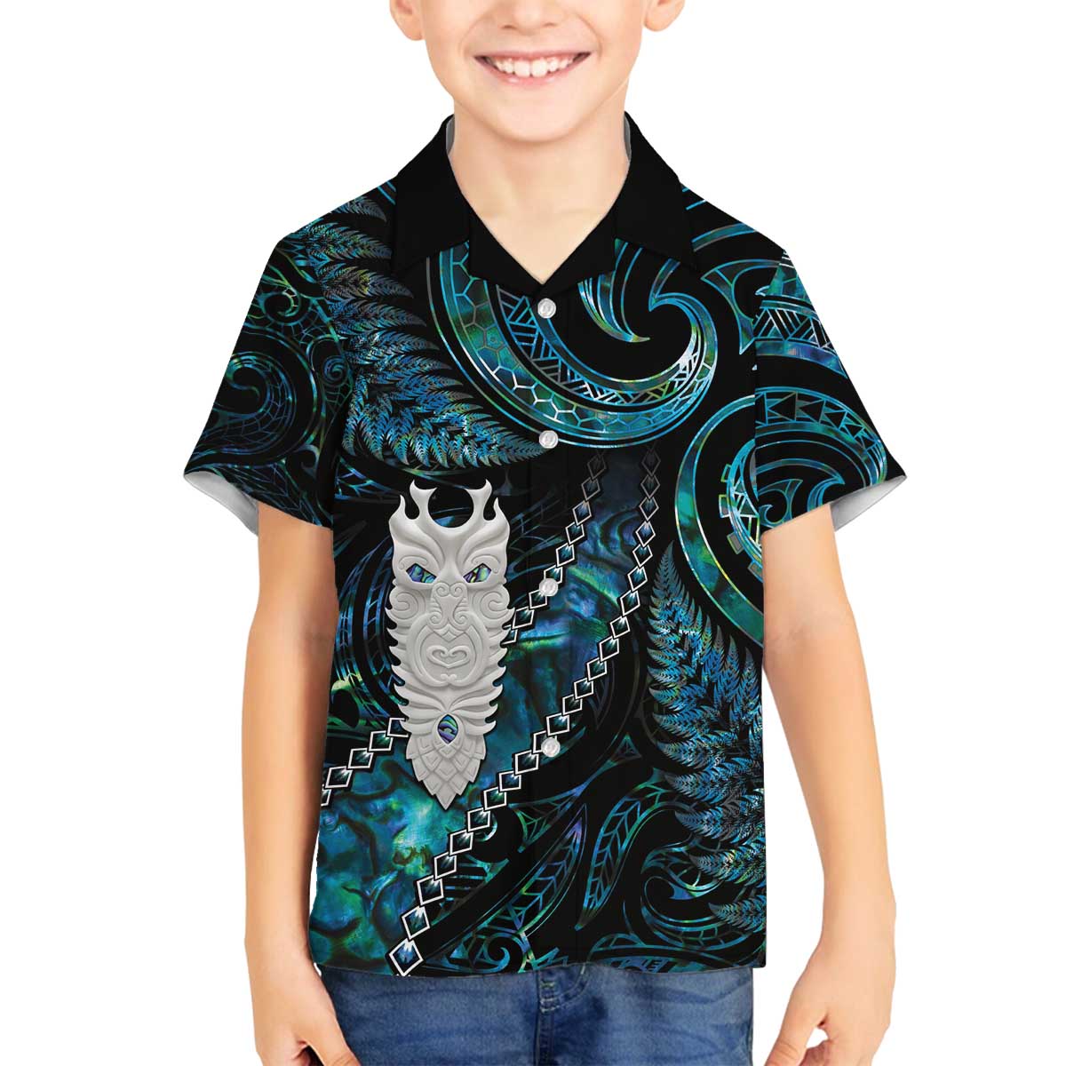 New Zealand Aotearoa Family Matching Puletasi and Hawaiian Shirt Maori Tane Te Waiora Paua Shell Glitter Turquoise LT05 Son's Shirt Turquoise - Polynesian Pride