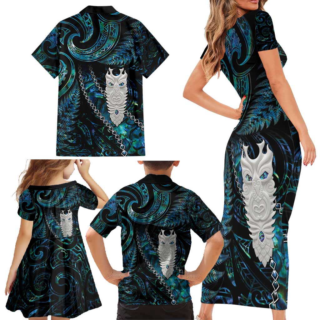 New Zealand Aotearoa Family Matching Short Sleeve Bodycon Dress and Hawaiian Shirt Maori Tane Te Waiora Paua Shell Glitter Turquoise LT05 - Polynesian Pride