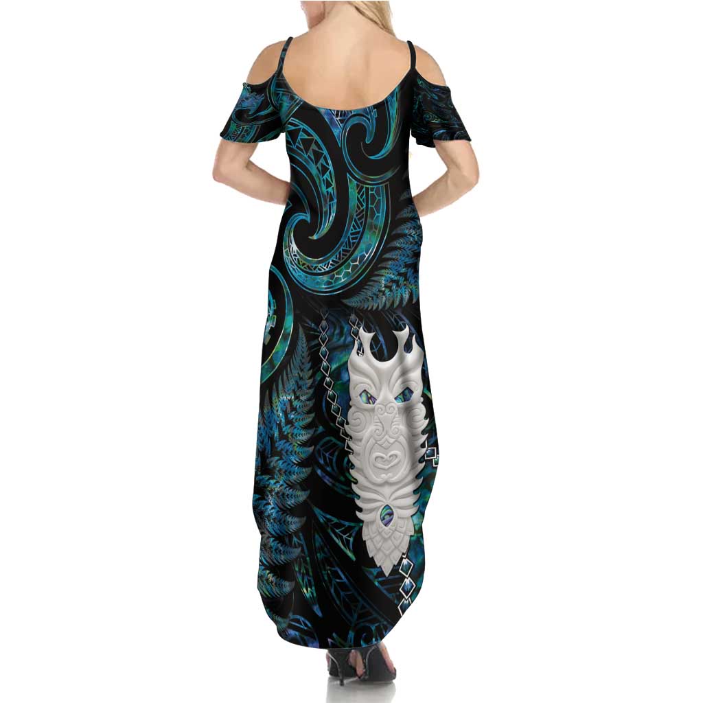 New Zealand Aotearoa Family Matching Summer Maxi Dress and Hawaiian Shirt Maori Tane Te Waiora Paua Shell Glitter Turquoise LT05 - Polynesian Pride