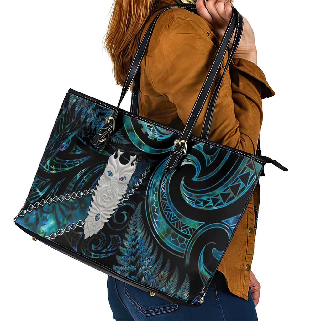 New Zealand Aotearoa Leather Tote Bag Maori Tane Te Waiora Paua Shell Glitter Turquoise LT05 - Polynesian Pride