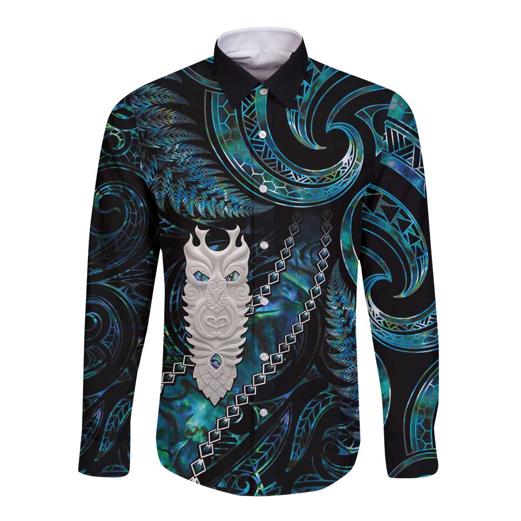 New Zealand Aotearoa Long Sleeve Button Shirt Maori Tane Te Waiora Paua Shell Glitter Turquoise LT05 Unisex Turquoise - Polynesian Pride
